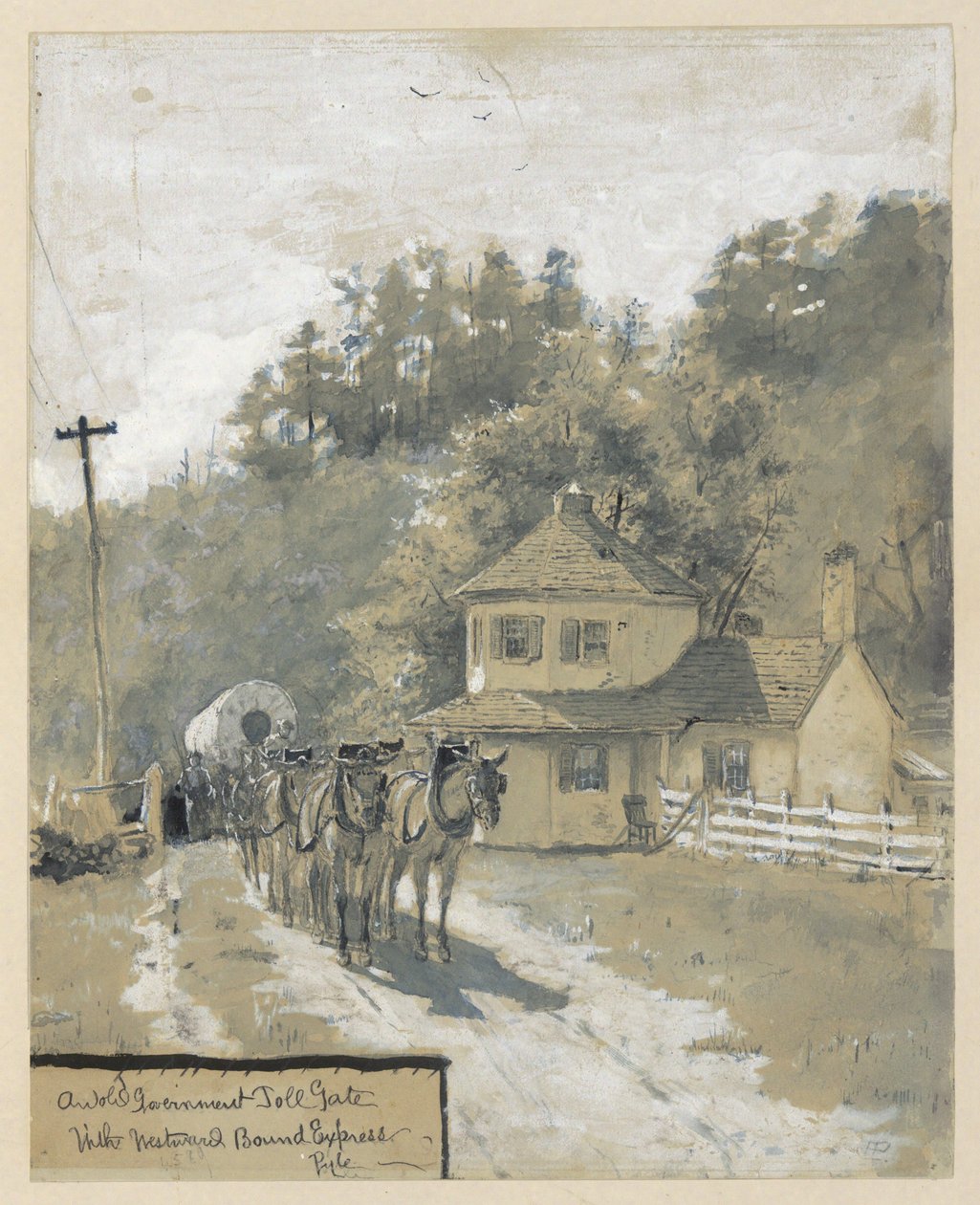 Ein altes Regierungsmauttor mit westwärts gebundenem Express, Zeichnung einer Illustration für den Artikel "The Old National Pike," von William Henry Rideing von Howard Pyle
