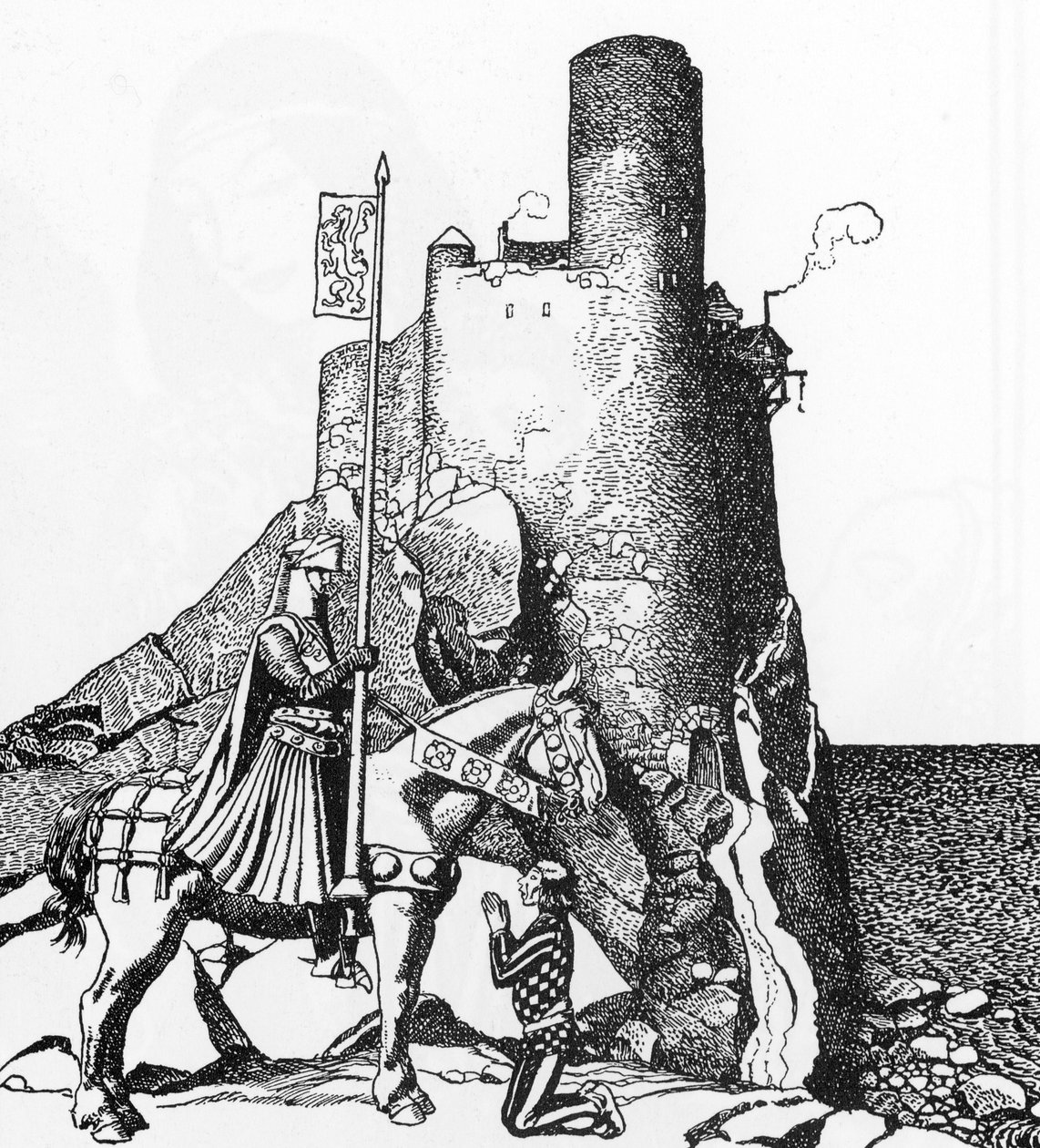 Artussage: Tristan kommt zum Schloss von Nabon Illustration von Howard Pyle (1853-1911) aus „The Story of the champions of the round table“ 1905 Private Sammlung von Howard Pyle