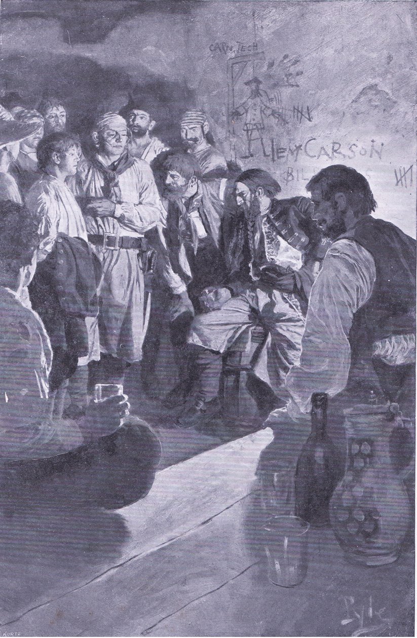 Er führte Jack zu dem Mann, der auf dem Fass saß, aus Howard Pyles Buch der Piraten, veröffentlicht von Harper & Bros, 1921 von Howard Pyle
