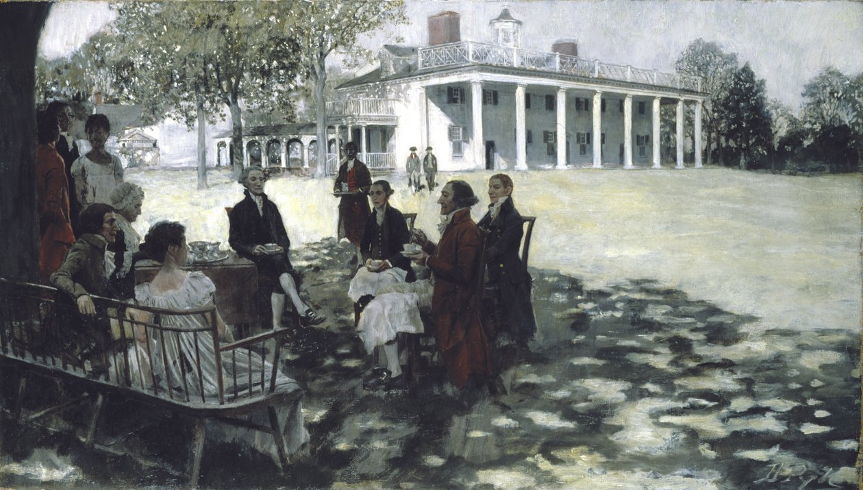 Martha und George Washington unterhalten ihre Freunde auf dem Rasen von Mount Vernon, 1898 von Howard Pyle