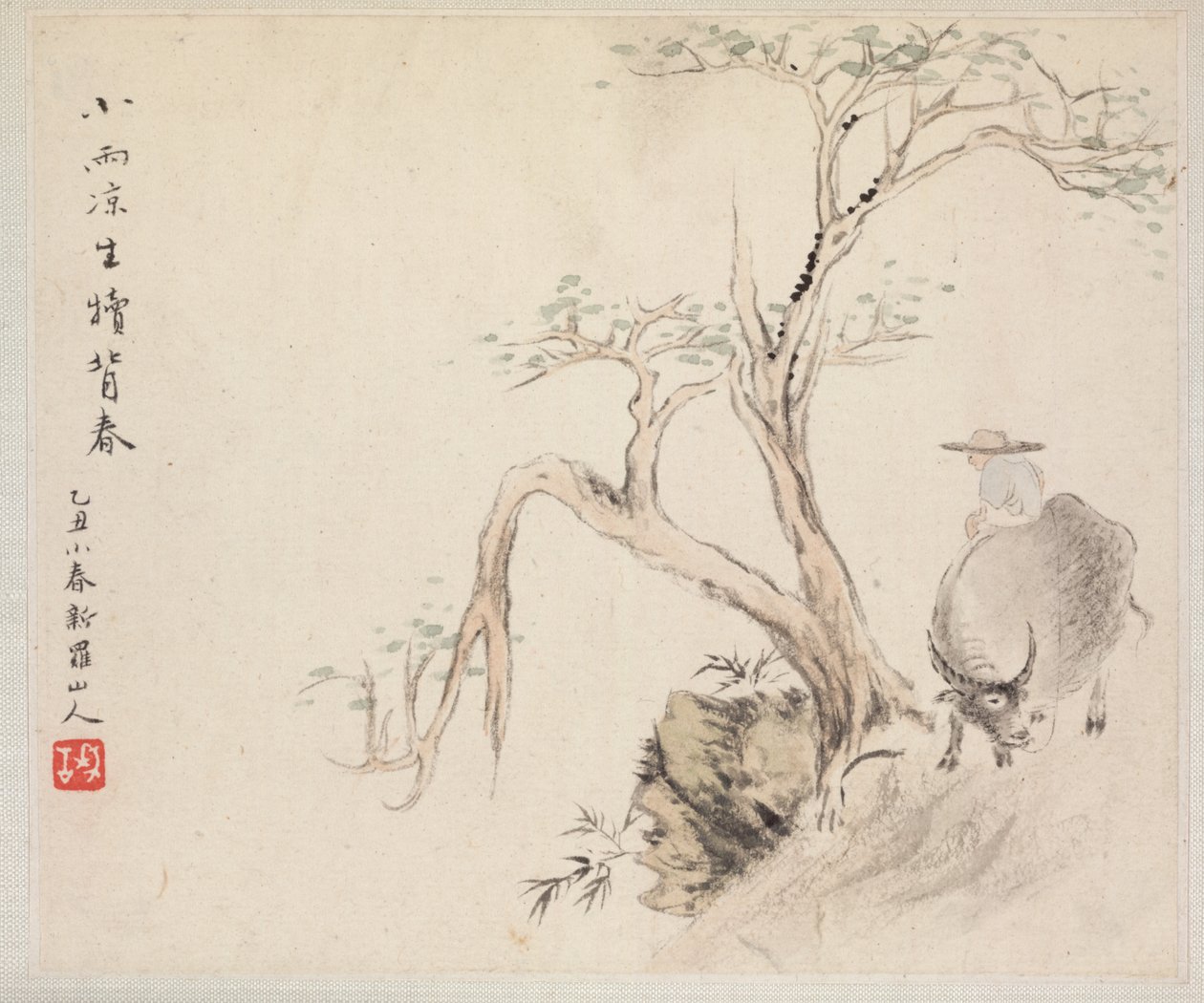 Album mit Landschaftsmalereien, die alte Gedichte illustrieren: Ein Mann sitzt auf einem Wasserbüffel von Hua Yan
