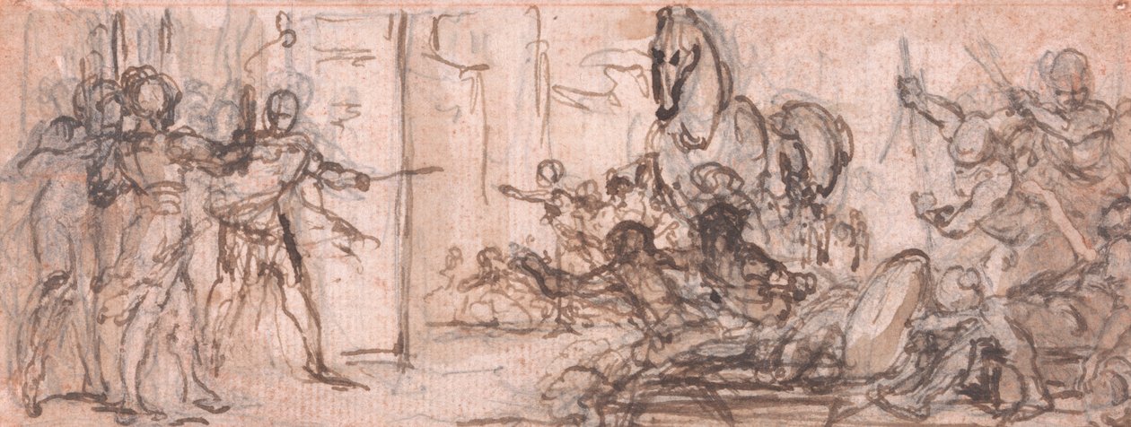 Entwurf für einen Stich: Schlacht von Troja mit dem Trojanischen Pferd von Hubert Francois Gravelot