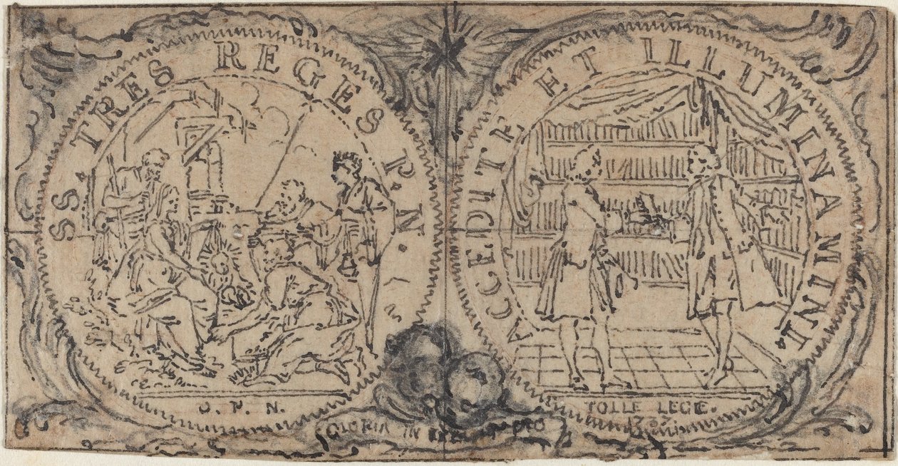 Ornamentale Medaillons mit der Anbetung der Heiligen Drei Könige und zwei Bibliophilen von Hubert Francois Gravelot