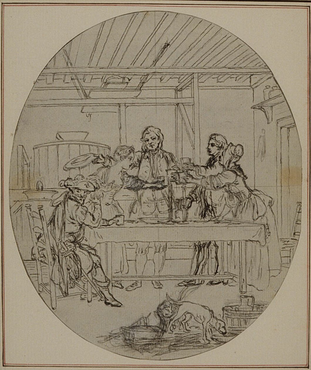 Studie für eine nie veröffentlichte zweite Ausgabe von Colles "La Partie de Chasse de Henri IV", Akt III, Szene 10 von Hubert Francois Gravelot