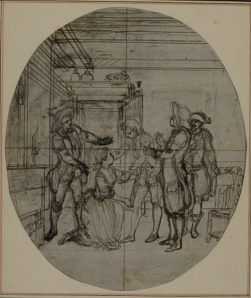 Studie für eine nie veröffentlichte zweite Ausgabe von Colles "La Partie de Chasse de Henri IV", Akt III, Szene 11 von Hubert Francois Gravelot