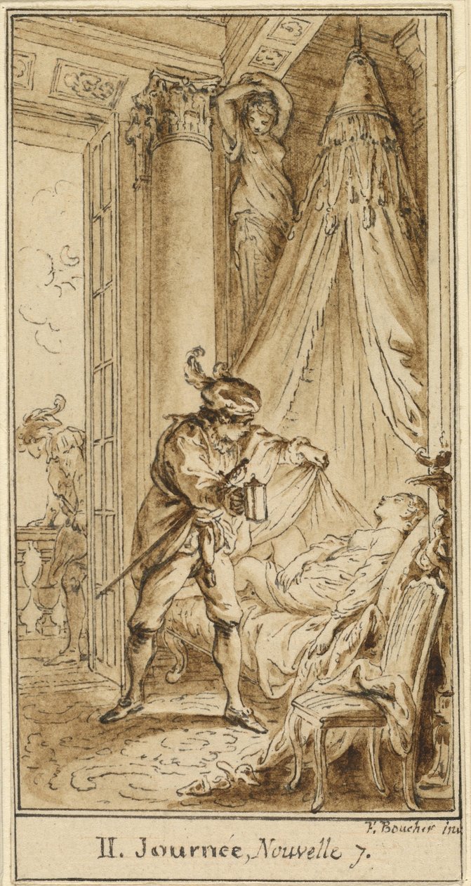 Zweiter Tag, siebte Geschichte: Der Herzog von Athen betrachtet die schlafende Prinzessin Alatiel von Hubert François Gravelot after François Boucher