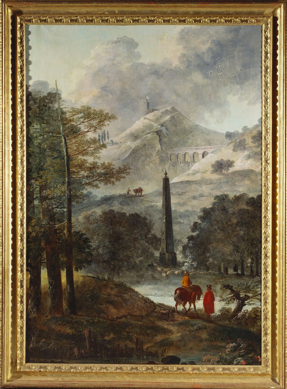 Eine bergige Landschaft mit einem Obelisken von Hubert Robert