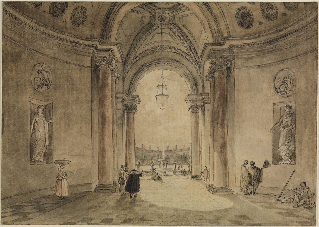 Blick durch das Atrium des Casinos in das Gartenparterre der Villa Albani von Hubert Robert