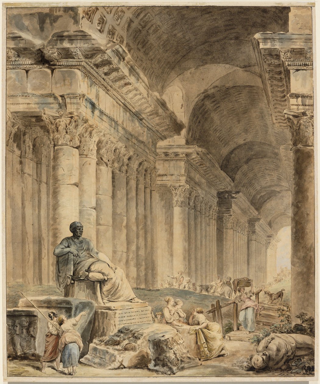 Gewölbte Säulengalerie mit antiker Sitzstatue von Hubert Robert