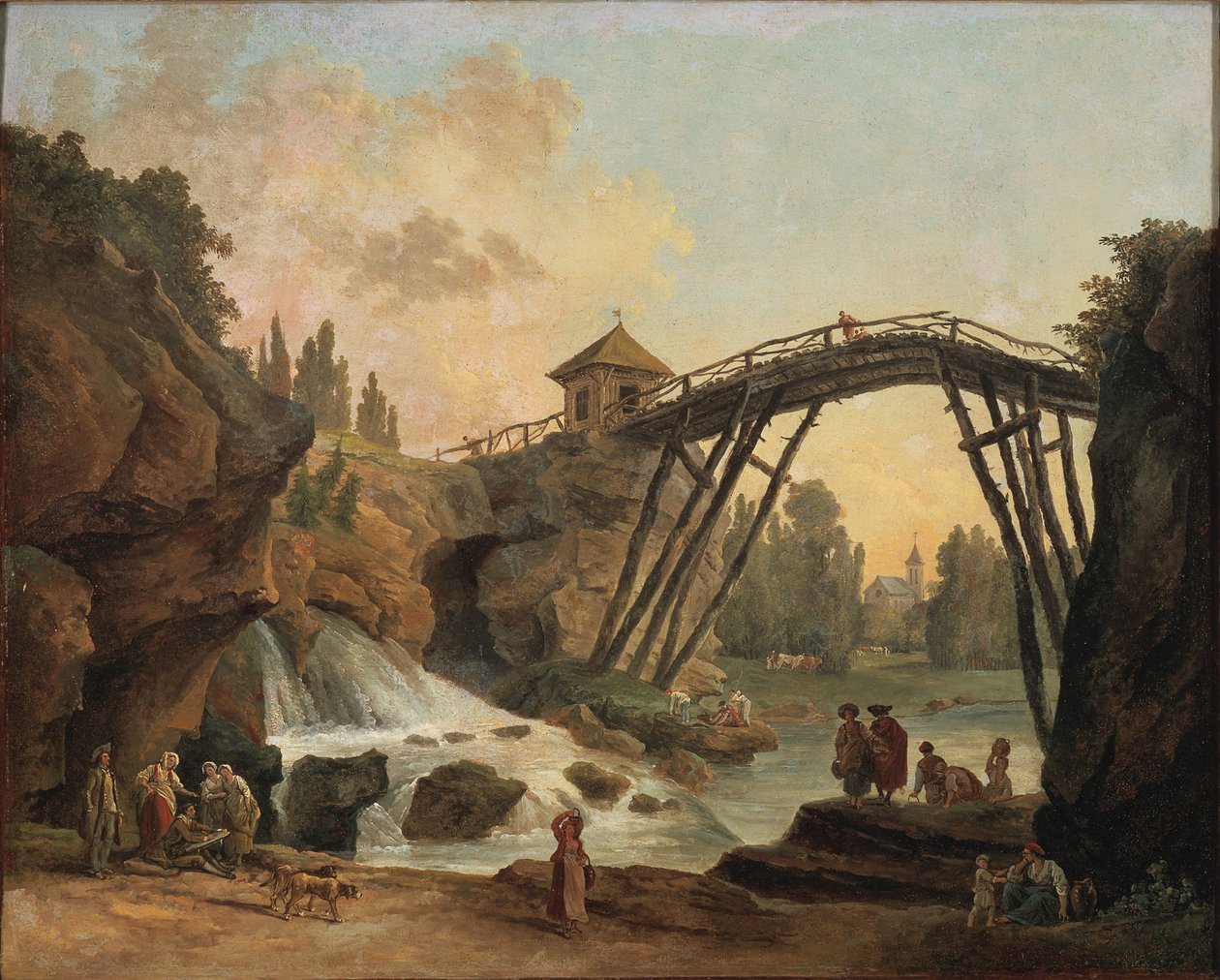 Blick auf die Grotte und die rustikale Brücke im Landschaftsgarten von Méréville von Hubert Robert