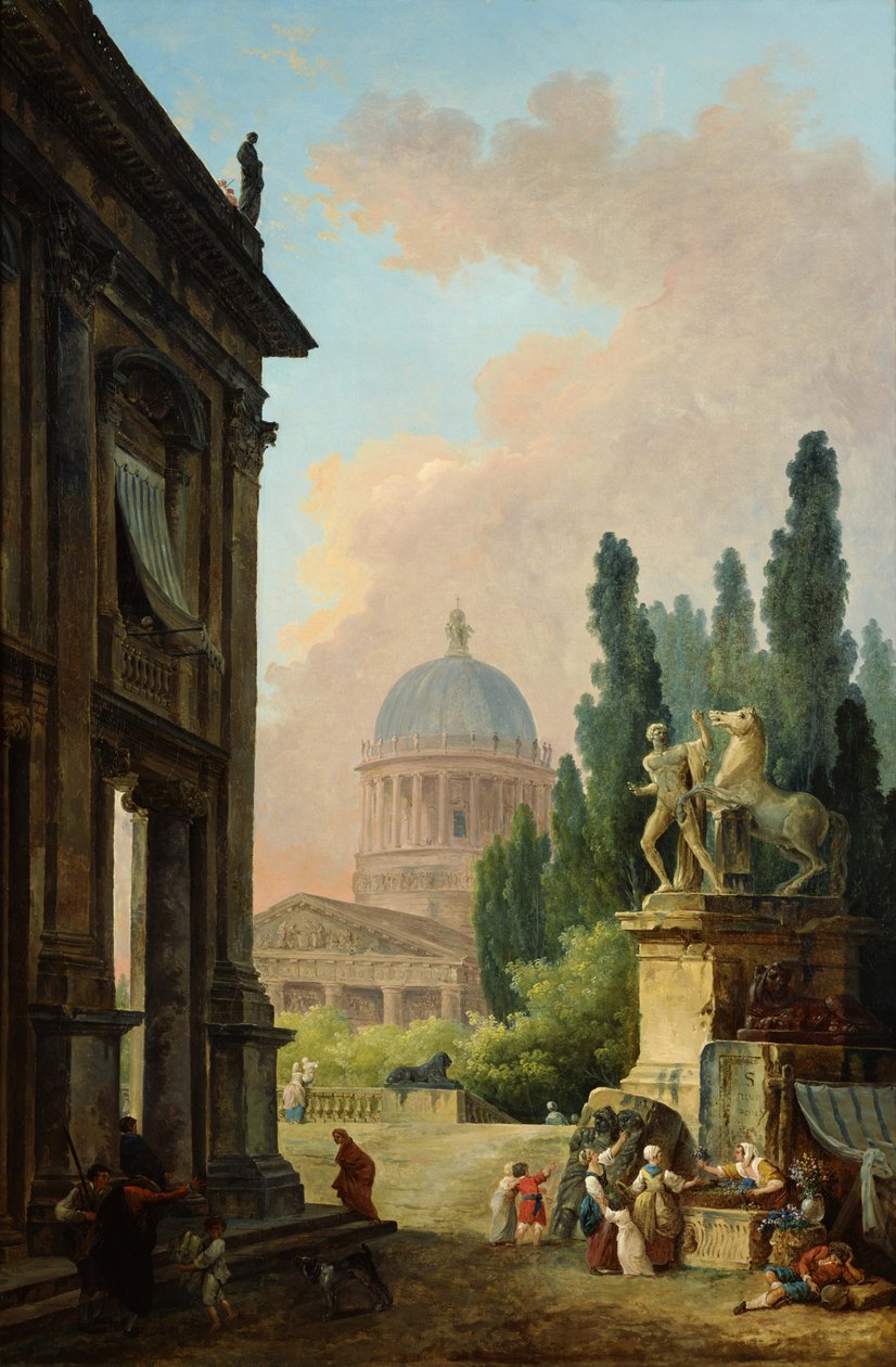 Riesenstatue von Monte Cavallo und imaginäre Aussicht auf die Basilika von Hubert Robert