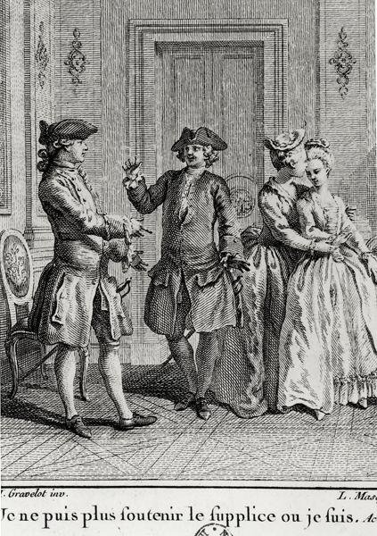 Ich kann die Qualen hier nicht mehr ertragen, wo ich bin, Illustration für Eugenie von Beaumarchais, graviert von Louis Joseph Masquelier (1741-1811) von Hubert after Gravelot