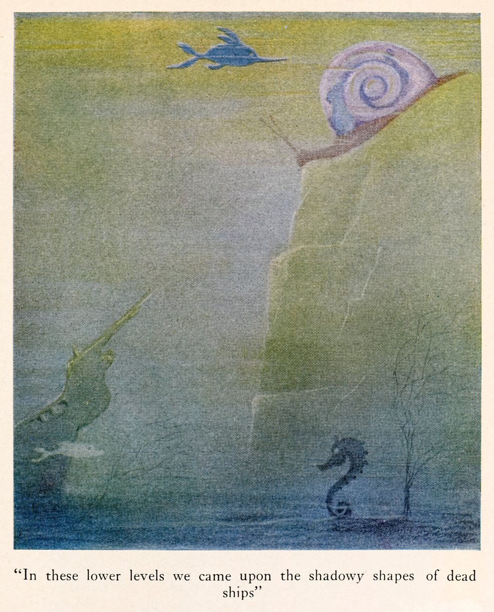 "In diesen unteren Ebenen stießen wir auf die schattenhaften Formen toter Schiffe" Illustration aus Die Reisen des Doktor Dolittle von Hugh Lofting