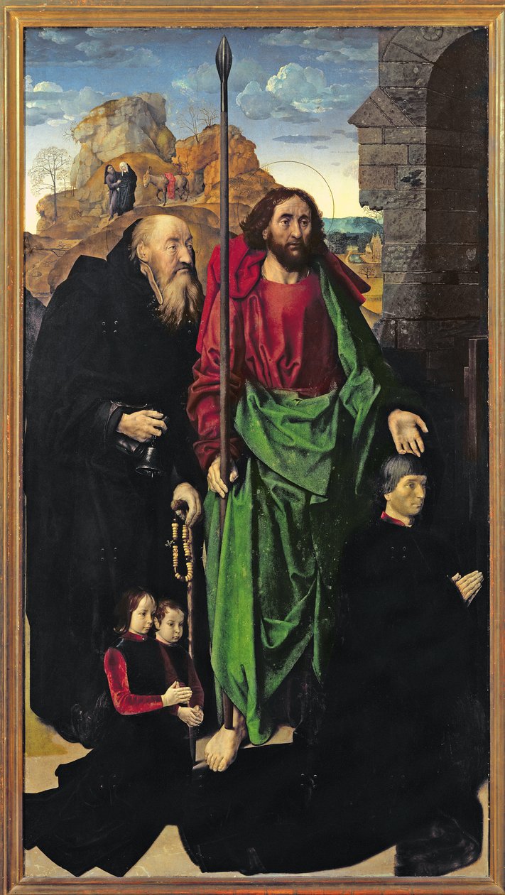 Das Portinari-Triptychon, St. Thomas und St. Antonius der Einsiedler mit Tommaso Portinari und zwei Söhnen Antonio und Pigello, linker Flügel, ca. 1479 von Hugo van der Goes