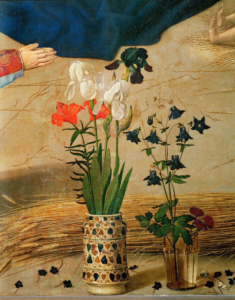 Vase mit weißen, roten und blauen Lilien und Iris von Hugo van der Goes