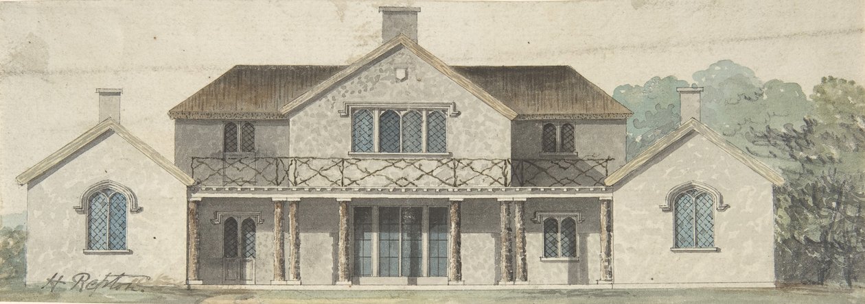 Entwurf für ein Cottage Ornée im Tudoresken Stil, spätes 18. bis frühes 19. Jahrhundert von Humphry Repton