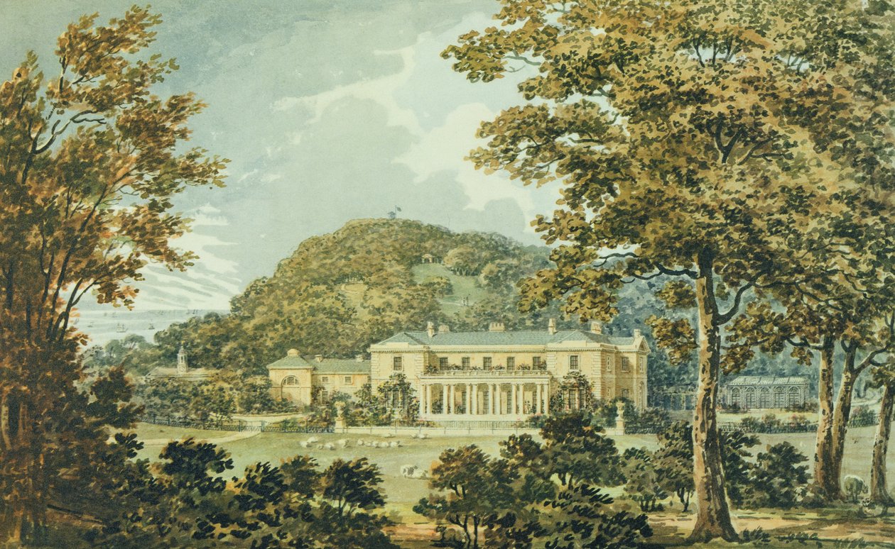 Die Südfront mit Ostfront in Perspektive, aus dem Roten Buch für Antony House, ca. 1812 von Humphry Repton