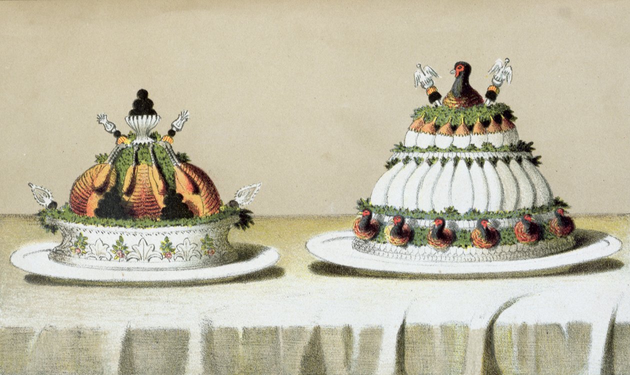 Entwurf für die Präsentation von Huhn gefüllt mit Foie Gras und Fasanenbrüsten, gekocht nach Berthold-Art, Illustration aus einem ungarischen Kochbuch über die französische Küche, ca. 1880 von Hungarian School