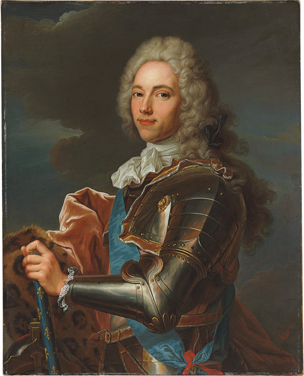 Porträt des Duc de Broglie, mit Schärpe des Ordens des Heiligen Geistes, mit Marschallstab von Frankreich von Hyacinthe Francois Rigaud