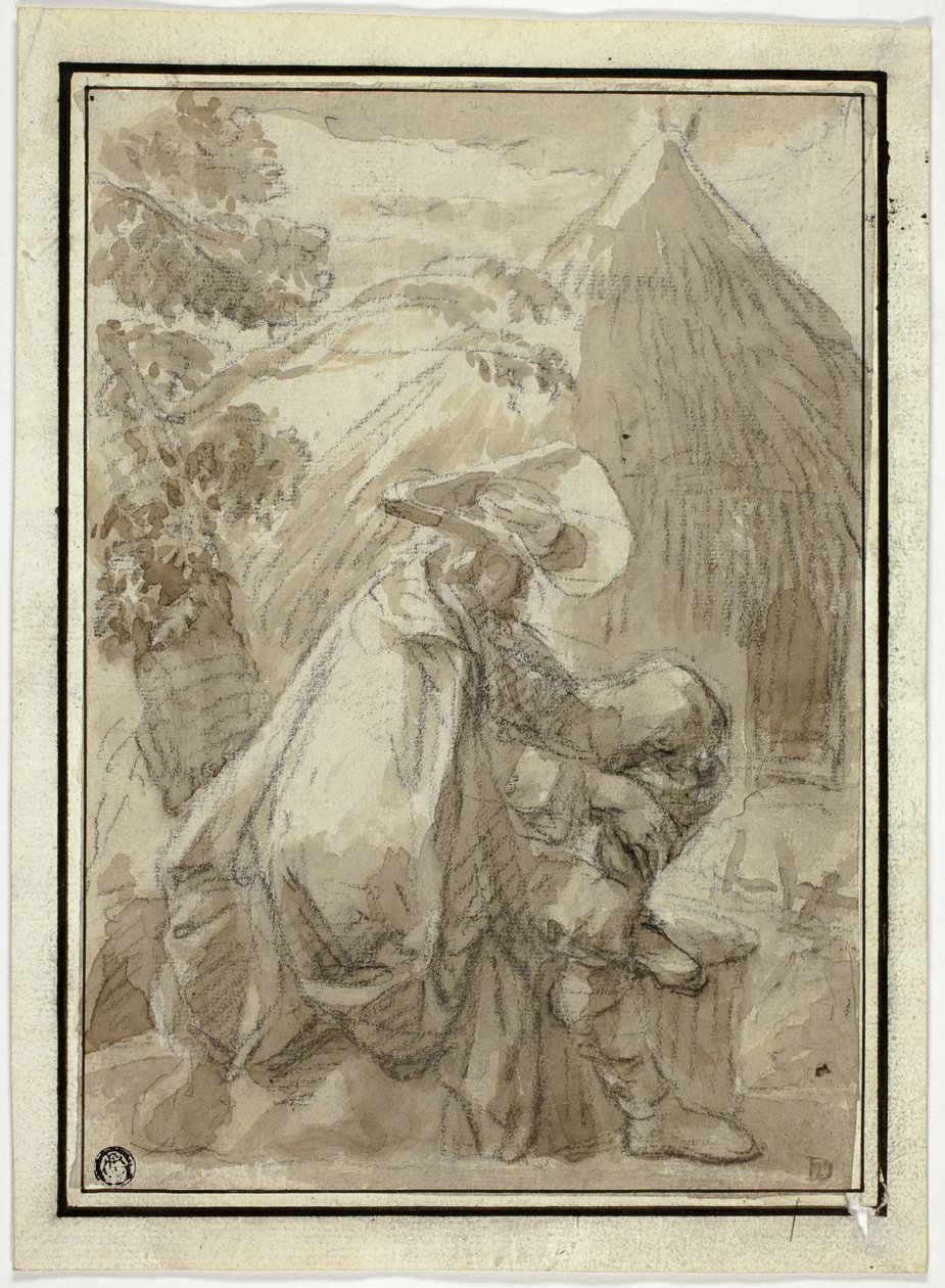 Sitzender Mann im Mantel bei Strohhütte von III Follower of Herman Saftleven
