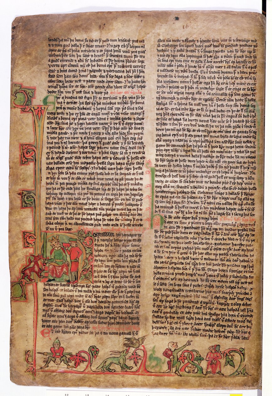 Historiierte Initiale D am Anfang der Saga von Olaf Tryggvason, aus Flateyjarbok (Das Buch von Flatey) spätes 14. Jahrhundert von Icelandic School