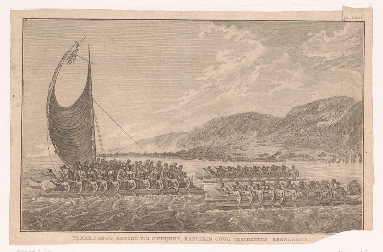 Einwohner von Hawaii und ihr König fahren in Kanus zu James Cook, um ihm Geschenke zu bringen von Ignaz Sebastian Klauber (possibly)