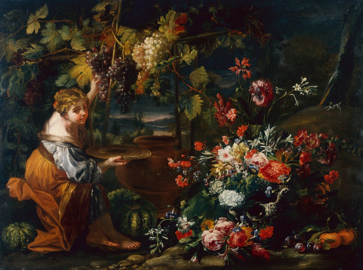 Junges Mädchen beim Traubenpflücken von Il and Brueghel Abraham Borgognone