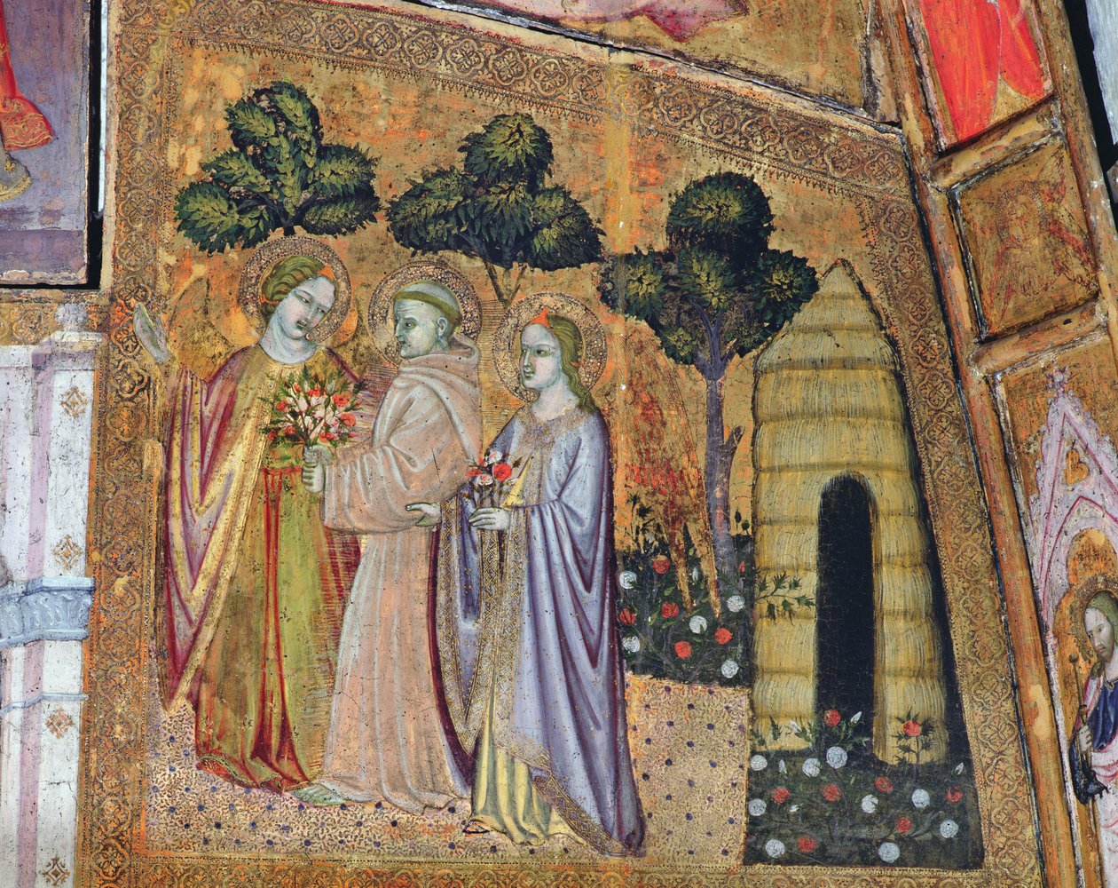 Der heilige Franziskus begleitet von zwei Engeln, Fresko aus der Porziuncola, 1393 von Ilario da Viterbo