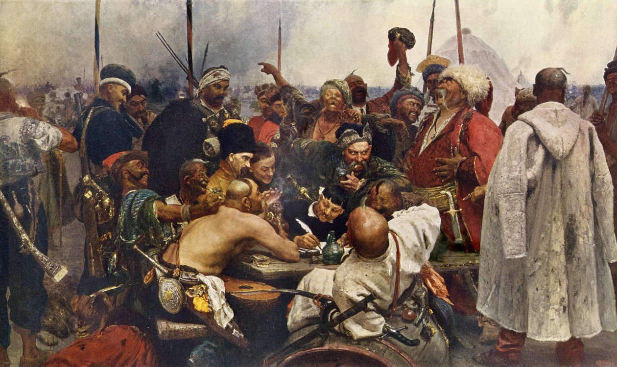 Die Antwort der Saporoger Kosaken an Sultan Mehmet IV. (Muhammad, Mehmet, Mehmed, Mahmoud) (1642-1693) aus der Türkei, Gravur des 19. Jahrhunderts nach einem Gemälde von Ilya Repin. Russische Kosaken senden eine Hassbotschaft an die türkische Armee von Kon von Ilya Efimovich (after) Repin