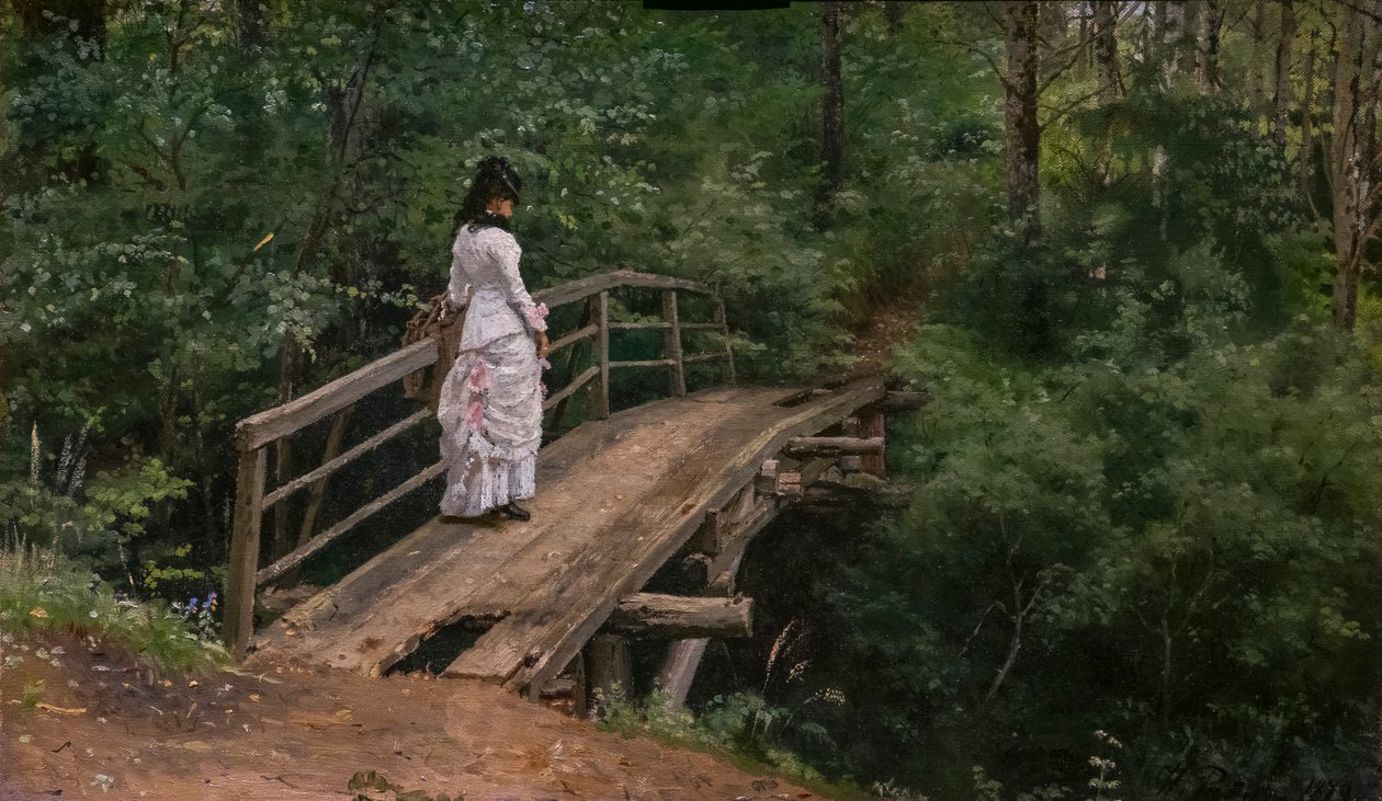 Sommerlandschaft. Vera Repine auf einer kleinen Brücke in Abramtsevo von Ilya Efimovich Repin