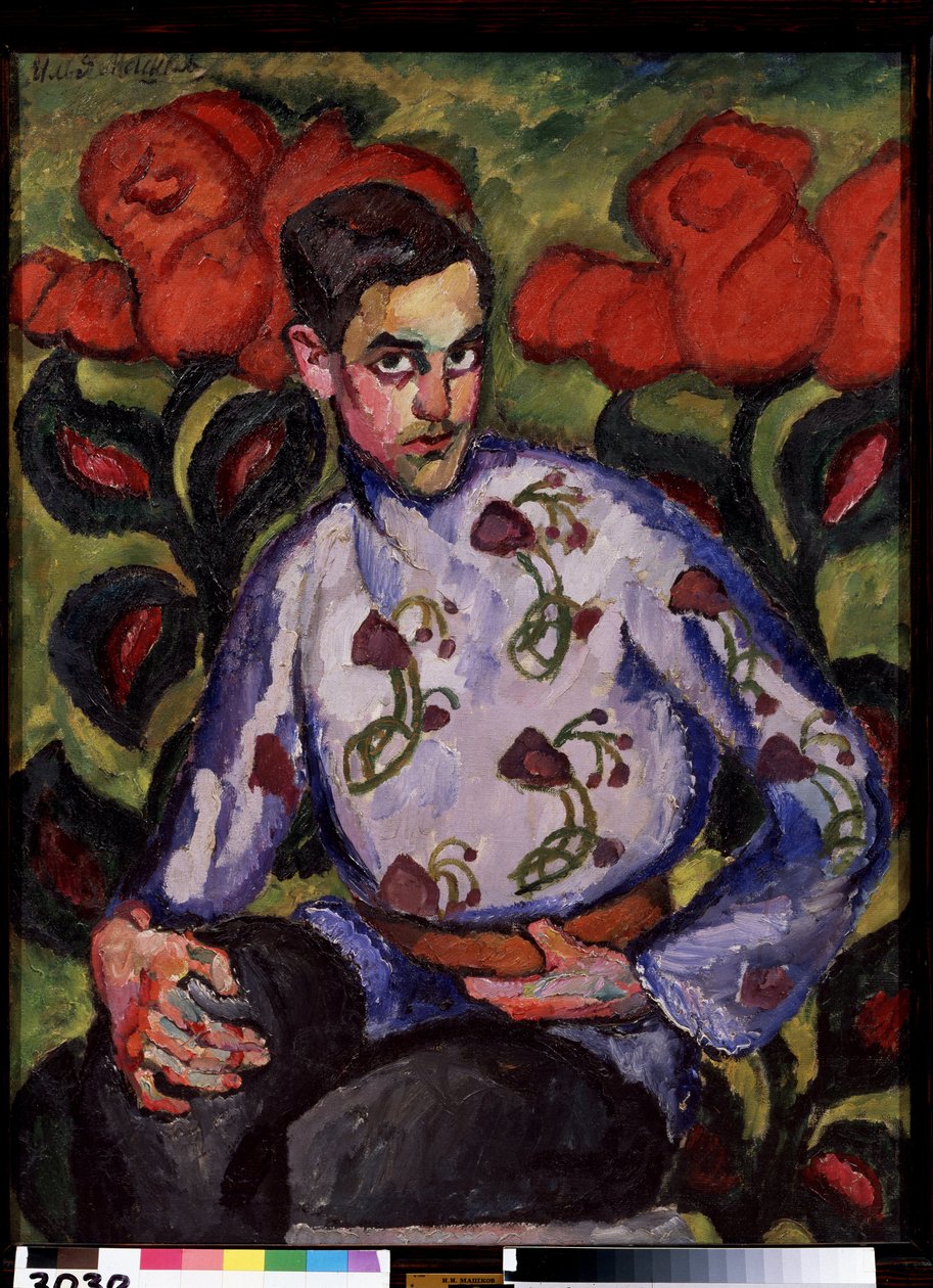 Porträt eines jungen Mannes mit einem Blumenhemd von Ilya Ivanovich Mashkov