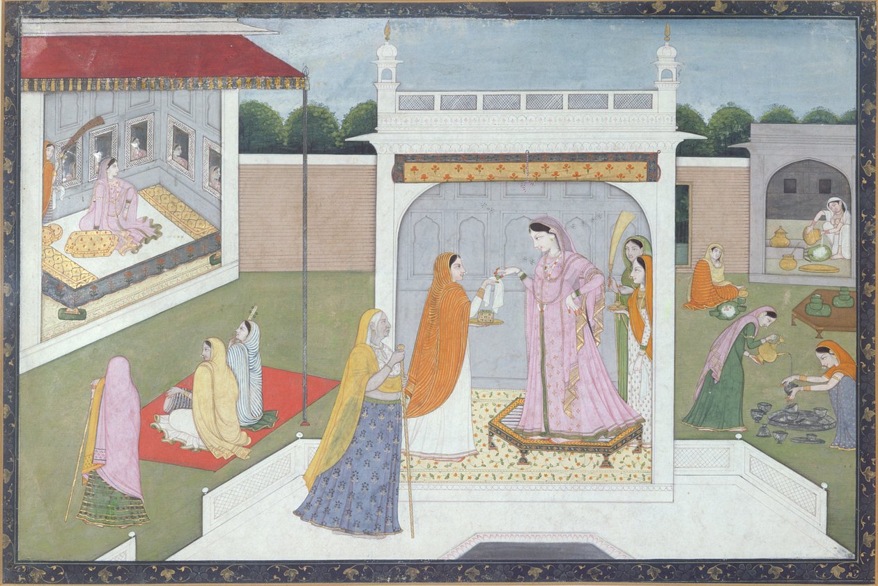 Palastdame mit ihren Mägden, Kangra, ca. 1790 von Indian School