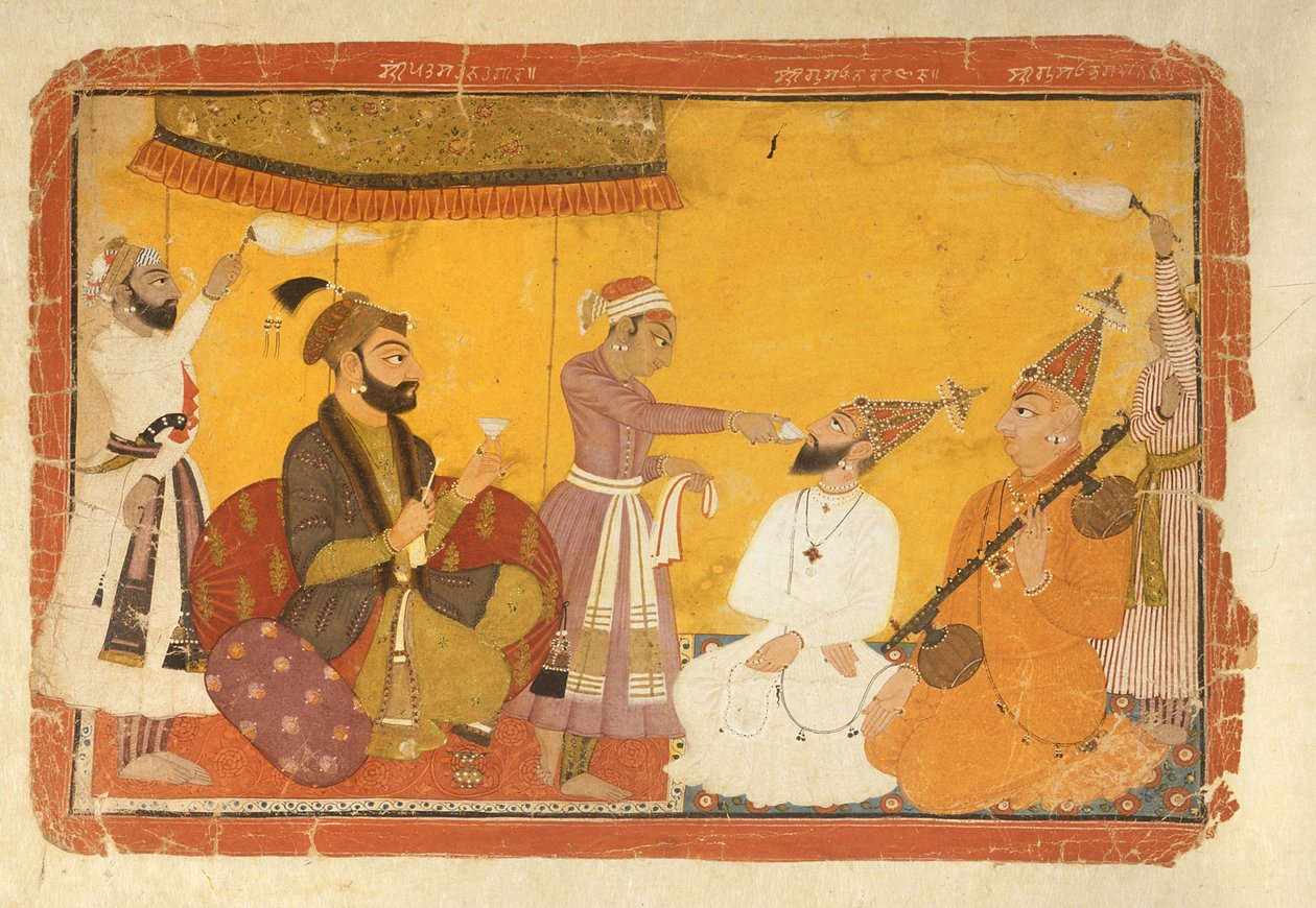 Gosain Narayan nimmt Gift in Anwesenheit von Kaiser Jahangir, Nurpur, Pahari-Schule, 1725 von Indian School