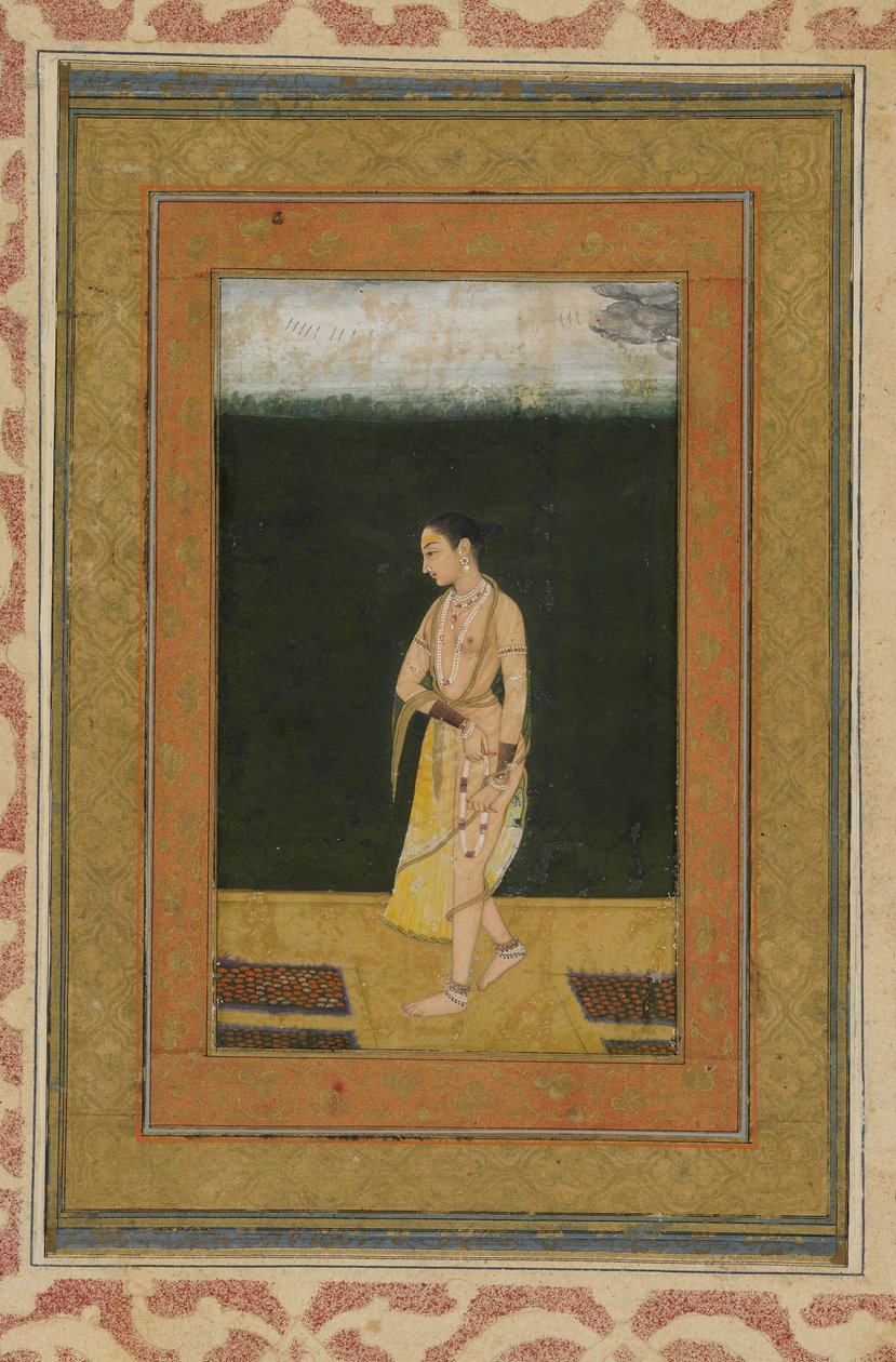 Eine Dame geht in einem Garten spazieren, Albumblatt mit Malerei, ca. 1730 von Indian School