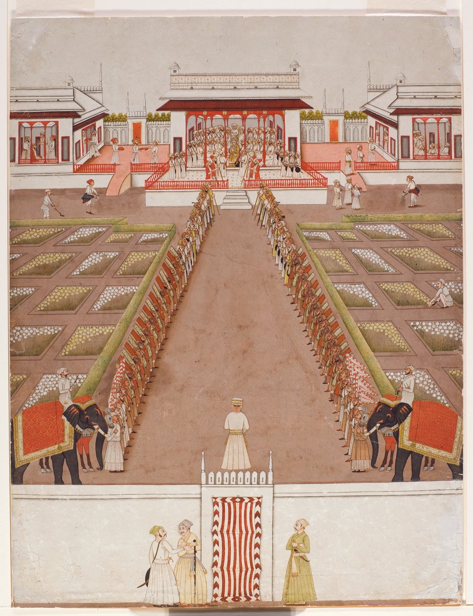 Ein Nawab hält Hof in einem Pavillon, jenseits einer Allee von Gefolgsleuten und zwei Elefanten von Indian School
