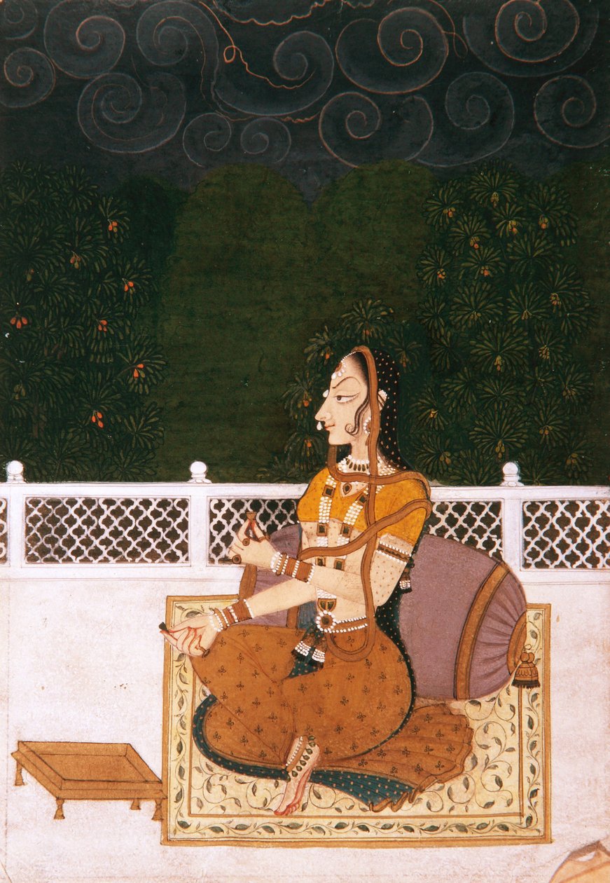 Eine schöne Frau, sitzt gegen ein Kissen gelehnt, ca. 1775 von Indian School