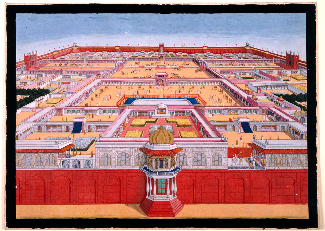 Vogelperspektive des Roten Forts in Delhi von Osten, zeigt einen Kaiser, wahrscheinlich Shah Alam (1759-1806), der den Diwan-i-Khas betritt, ca. 1780-90 (Deckfarben) von Indian School