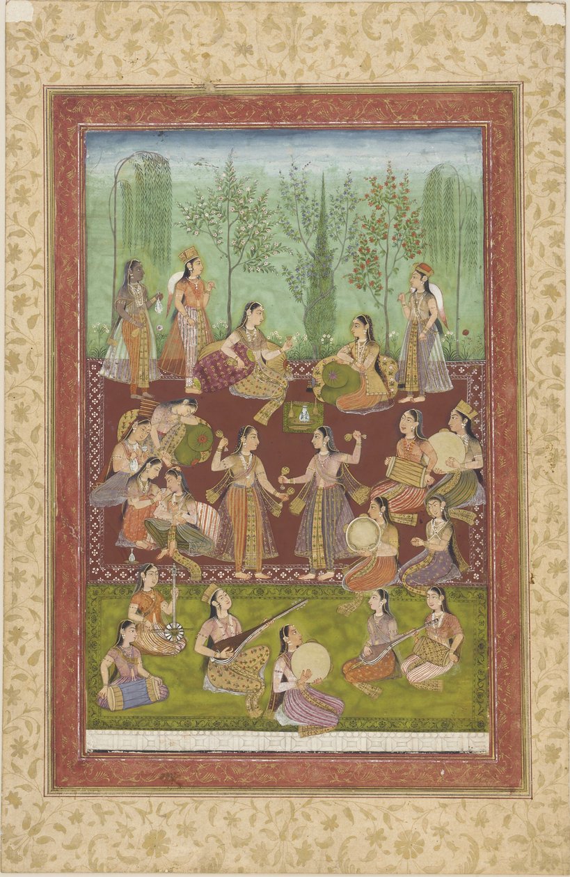 Eine Gruppe von Frauen in einem Garten, die sich mit Musik und Tanz unterhalten von Indian School