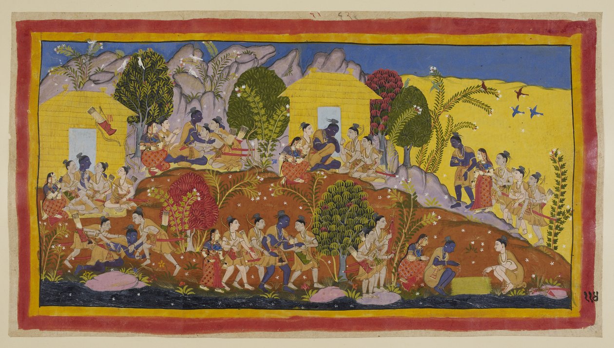 Oben in der Mitte werfen sich Bharata und Shatrughna zu Füßen von Rama, der seine jüngeren Brüder umarmt und ihre Köpfe riecht. Rama nimmt sie auf seinen Schoß, während er nach ihrem Wohlbefinden und dem ihres Vaters fragt. von Indian School