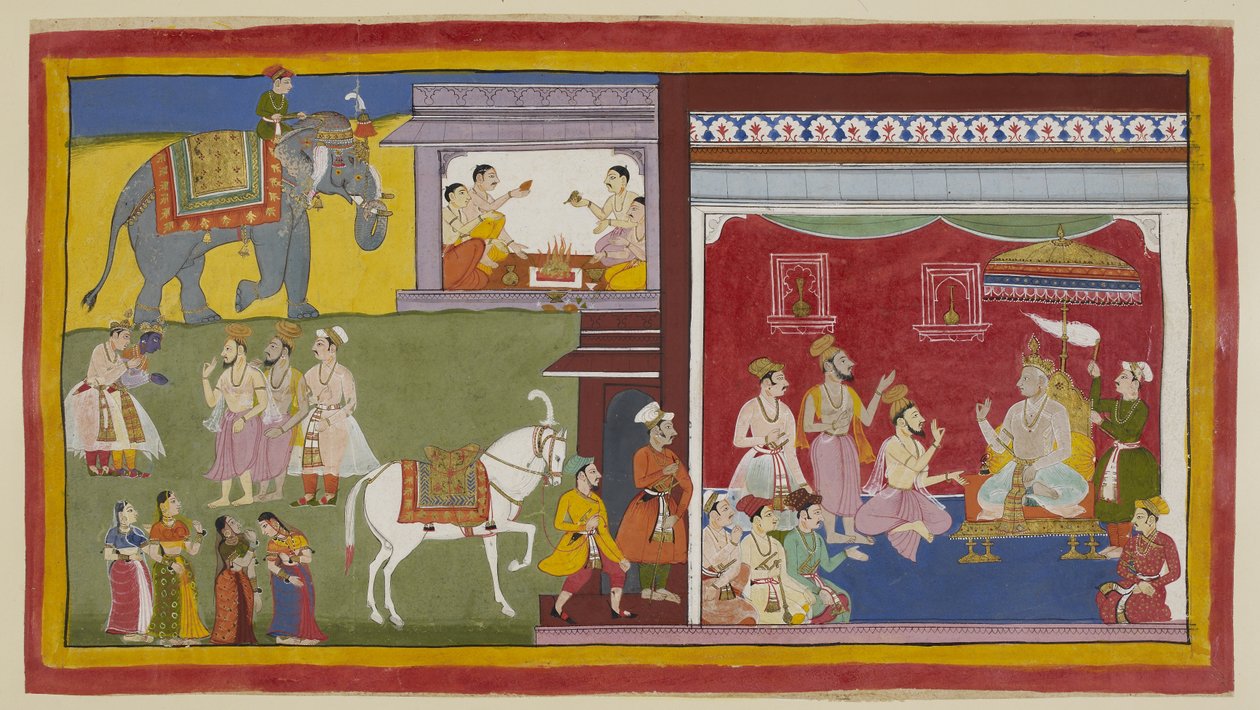 Dasaratha, auf dem Thron im Durbar, erzählt den Brahmanen Vasistha und Vamadeva und seinem Minister Sumantra von seiner Absicht, seinen Thron an Rama als Regenten zu übergeben; links rufen diese drei Rama und Laksmana. Oben beginnen vier Brahmanen. von Indian School