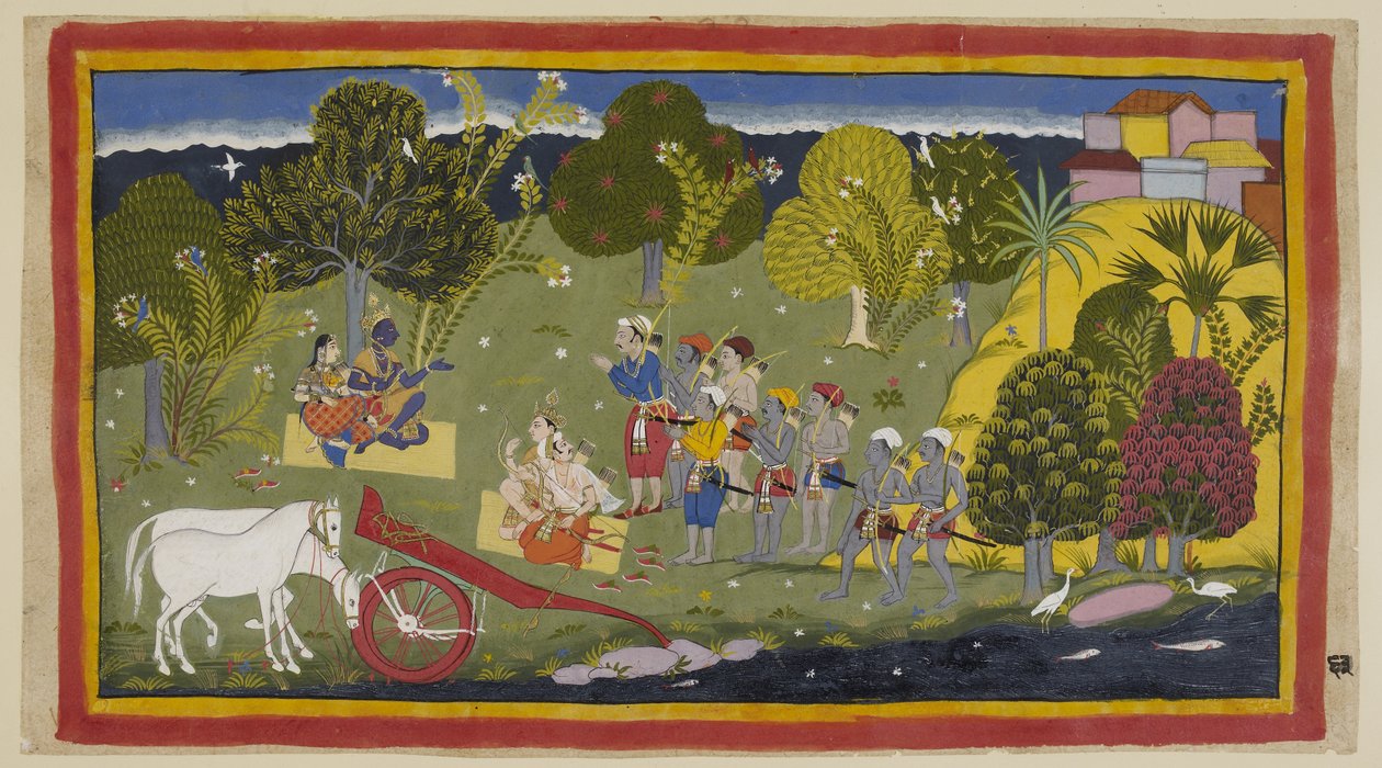 Die Gefährten haben den Fluss Ganga bei Srngaverapura erreicht. Rama und Sita sitzen auf einer Strohmatte unter einem Baum, der als Ingudi-Baum gedacht ist, während Laksmana und Sumantra ihnen gegenüber sitzen. Die Pferde sind abgespannt. von Indian School