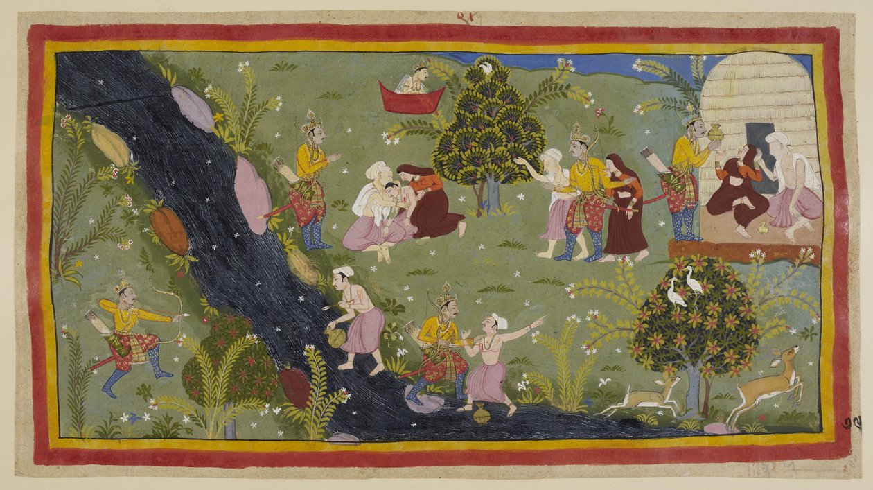 Add 15296 (1) f.79r, Dasaratha erzählt den Königinnen von dem Vorfall in seiner Jugend, als er versehentlich den Sohn eines Weisen beim Jagen tötete. Links zielt Dasaratha irrtümlich durch die Bäume auf den Jungen, der seinen Wasserkrug füllt. von Indian School