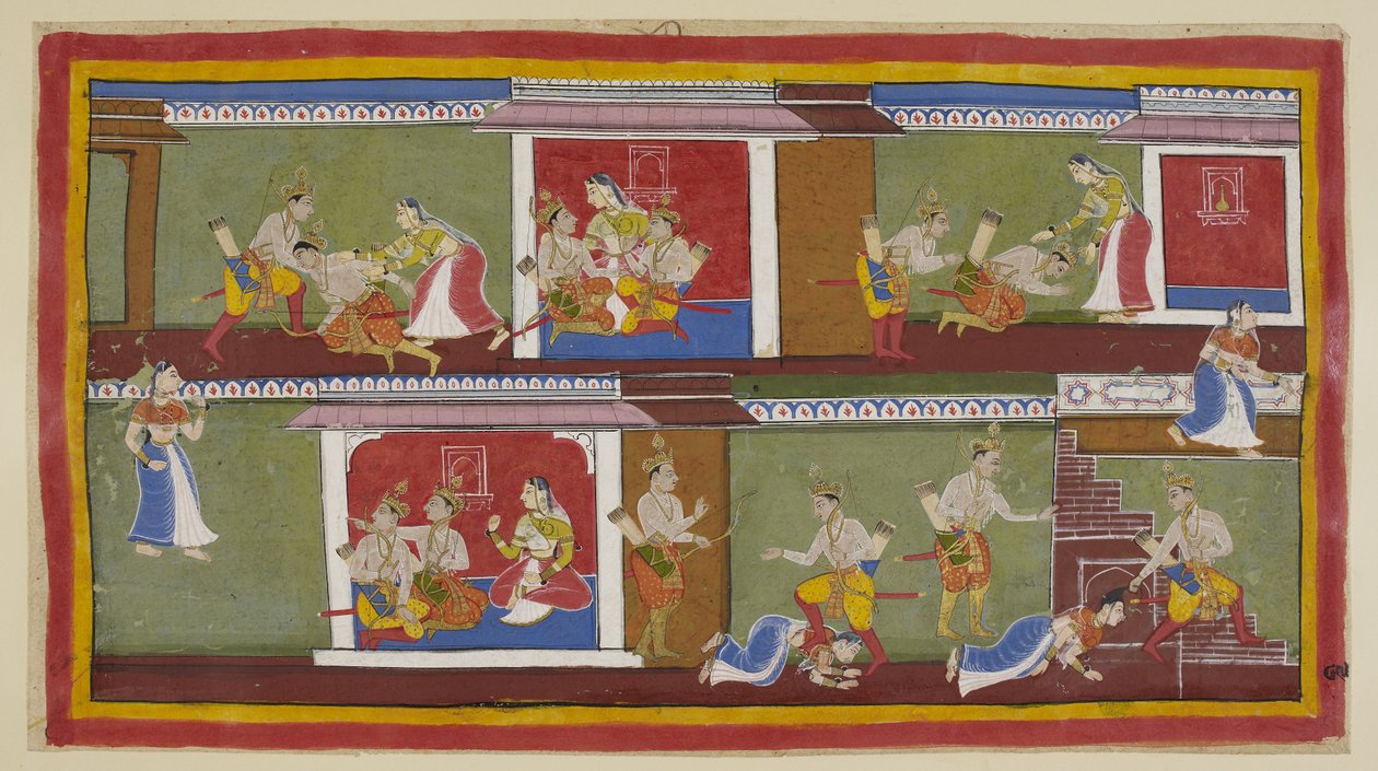 Oben rechts begrüßen Bharata und Shatrughna Kaikeyi, die sie auf ihren Schoß nimmt, und sie sprechen über die jüngsten Ereignisse. Bharata fällt in Ohnmacht, als er vom Tod seines Vaters und von dem, was seine Mutter getan hat, um seine Nachfolge zu sicher von Indian School