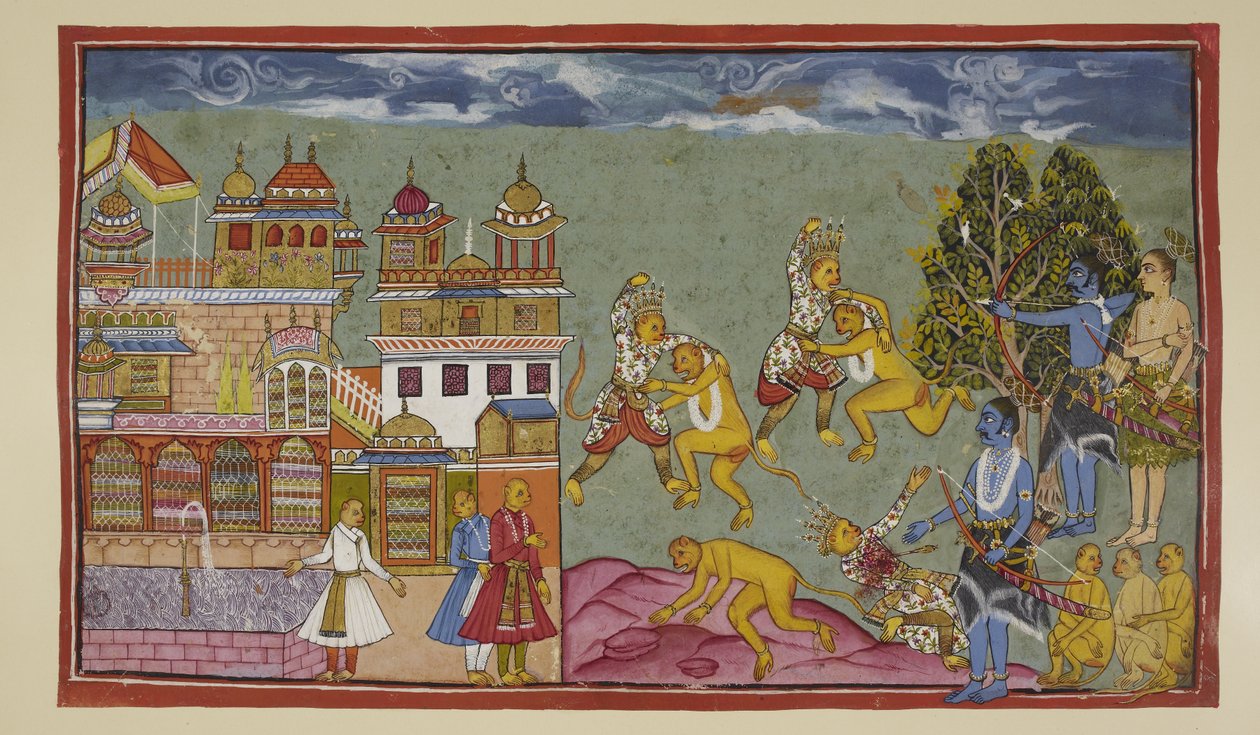 Add 15296 (2) f.18r, Vor dem Palast, Sugriva und Bali schlagen sich wütend mit Fäusten und Nägeln und reißen dann Bäume und Felsen aus, aber Bali ist der Stärkere und langsam wird Sugriva gezwungen, zurückzuweichen. Als Rama sieht, dass Sugriva verliert, g von Indian School