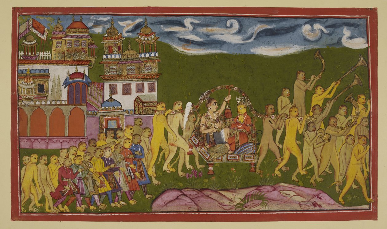Sugriva und Laksmana werden in einer goldenen Sänfte, getragen von Affen, von Kiskindha transportiert von Indian School