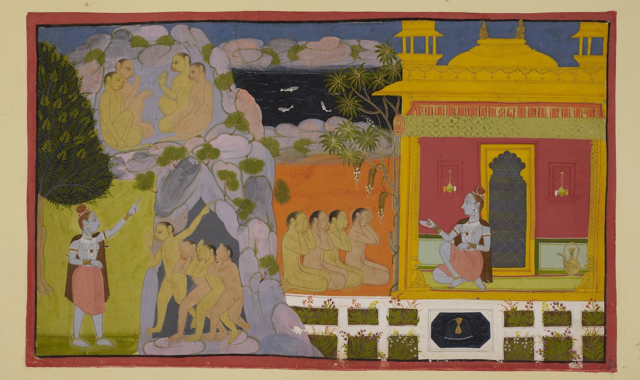 Die Affen haben Svayamprabhā von ihrer Suche nach der vermissten Sita erzählt, und sie hat ihnen das Geheimnis der Höhle und wie sie an diesen wunderbaren Ort gekommen ist, erklärt. von Indian School