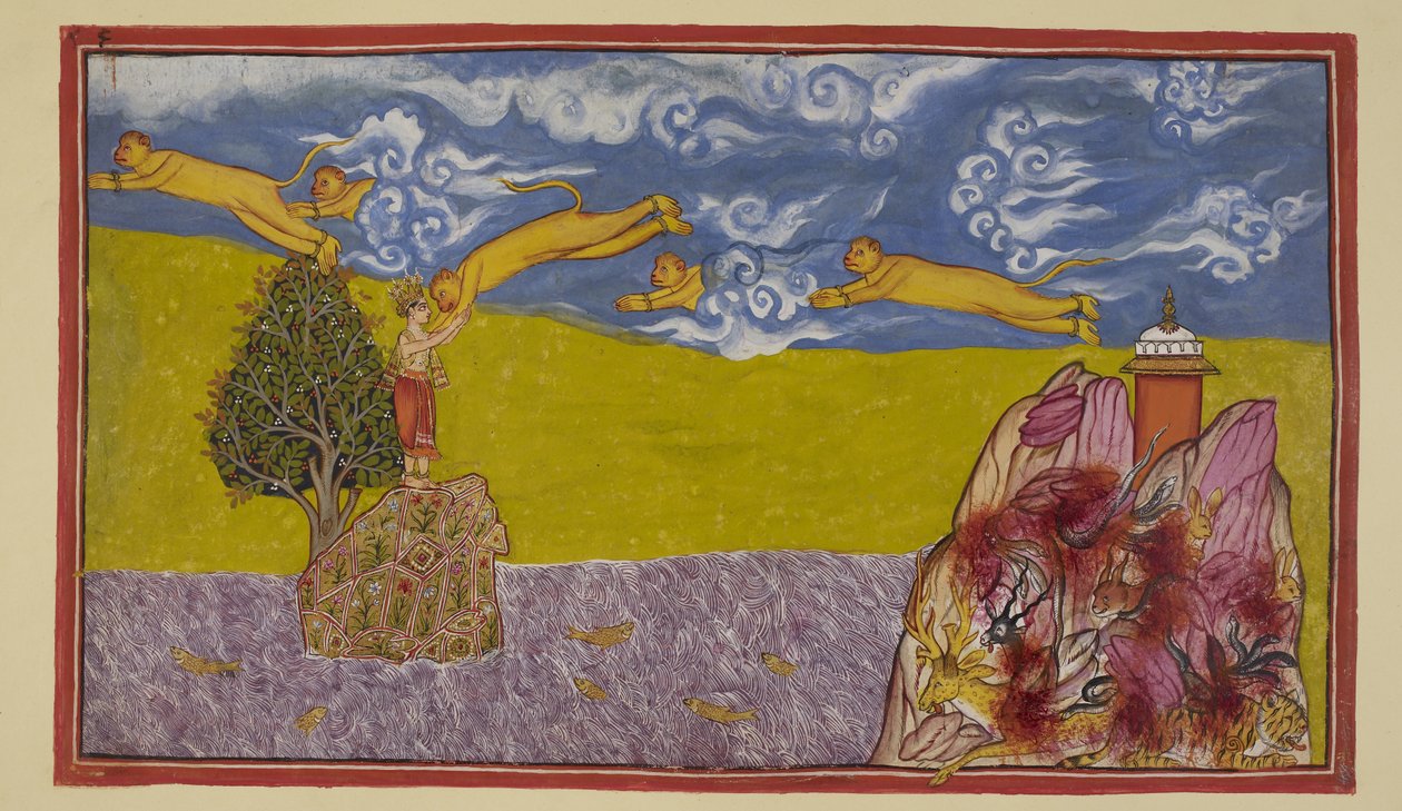Unbeeindruckt von der Breite des Ozeans, vergrößert sich Hanuman auf immense Größe und schleudert sich von dem noch brennenden Berg Mahendra aus in den Raum und über den Ozean zum Inselreich Lanka von Indian School