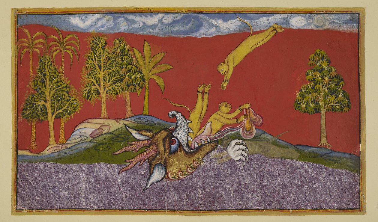 Hanuman taucht in den Mund der Dämonin Siṃhikā von Indian School