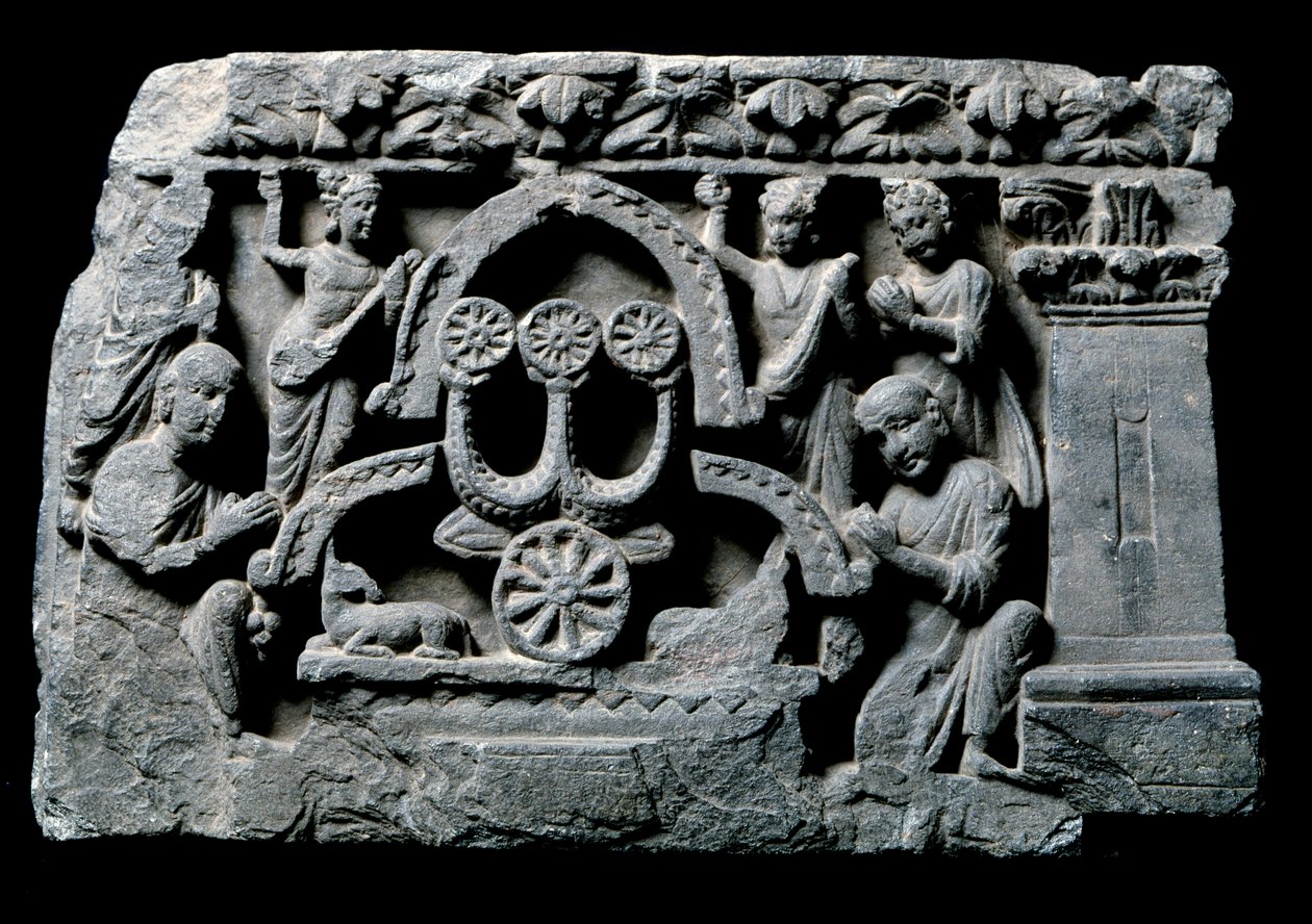 Kunst von Gandhara (oder Greco-Buddhismus): „Buddha im Gebet“ das Wunder von Sravasti. Relief der Gandhara-Schule - 2. bis 4. Jahrhundert - Indian Museum, Kalkutta, Indien von Indian School