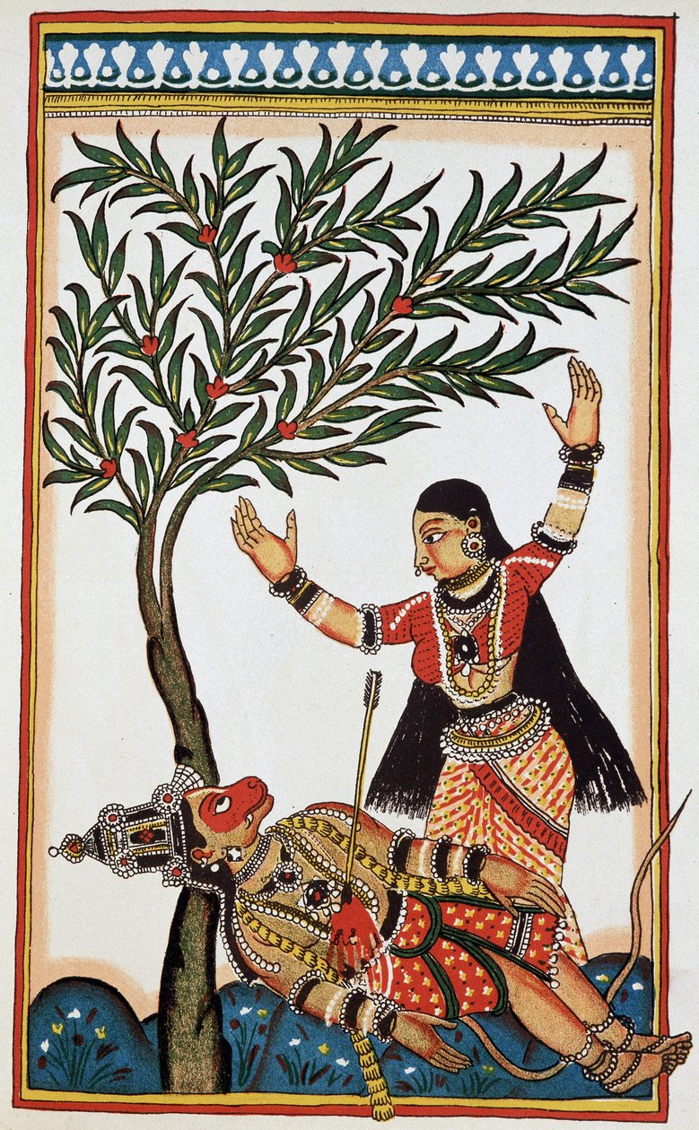 Bali von einem Pfeil getötet, neben ihm seine Frau Tara, Lithographie 18. Jahrhundert von Indian School
